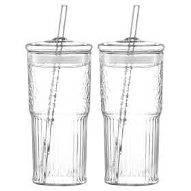 20 Oz 2-pack Glass Straw Cup With Vertical Pattern Cup And Lid, High Borosilicate Heat-resistant Glass Cup For Juice, Milk And Cold Drinks (Option: Transparent 2 pcs)