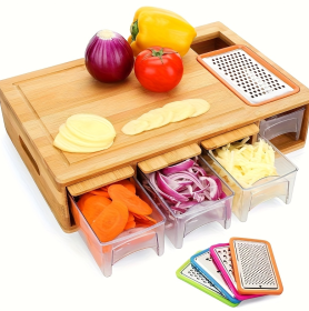 Bamboo Cutting Board With Drawer, Including 4 Vegetable Cutters, 4 Trays With Lids, Container And Vegetable Peeler Set, Cutting Board, Kitchen Ba (Option: Cutting board with drawer)