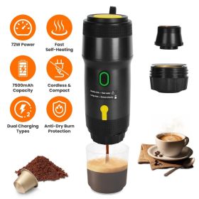 1Pc Portable Electric Espresso Machine Cordless Coffee Maker Self-Heating Car Espresso Maker with Anti-Dry Burn Fit for Ground Coffee/NS/DG Capsu (Option: Black)