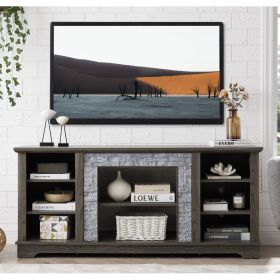 Mantel Stone TV Media Stand With With Faux Stacked Stone Surround, Modern Entertainment Console With Open Storage Space,Grey, 58.31Wx15.39Dx26.06 (Option: Grey)